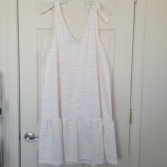 Loft Bow Strap Button Flounce Dress Ivory Multi Size XL - Picture 5 of 12